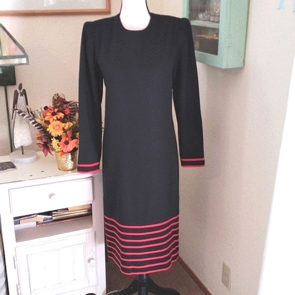 Black Long Sleeve Shift Dress with Red Stripe Detail